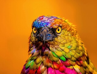 Obraz premium A colorful bird with a yellow beak and eyes