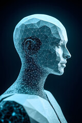 Obraz premium A digital rendering of a human head, constructed from glowing geometric lines, against a dark background