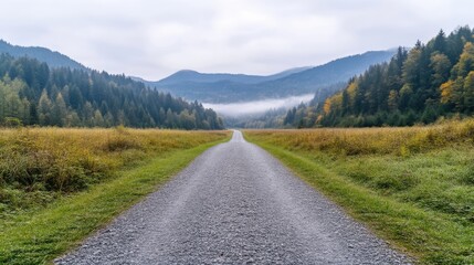 Naklejka premium Misty mountain road through a valley. A gravel path leads into a hazy mountain range, flanked by colorful foliage. Tranquil autumn scenery