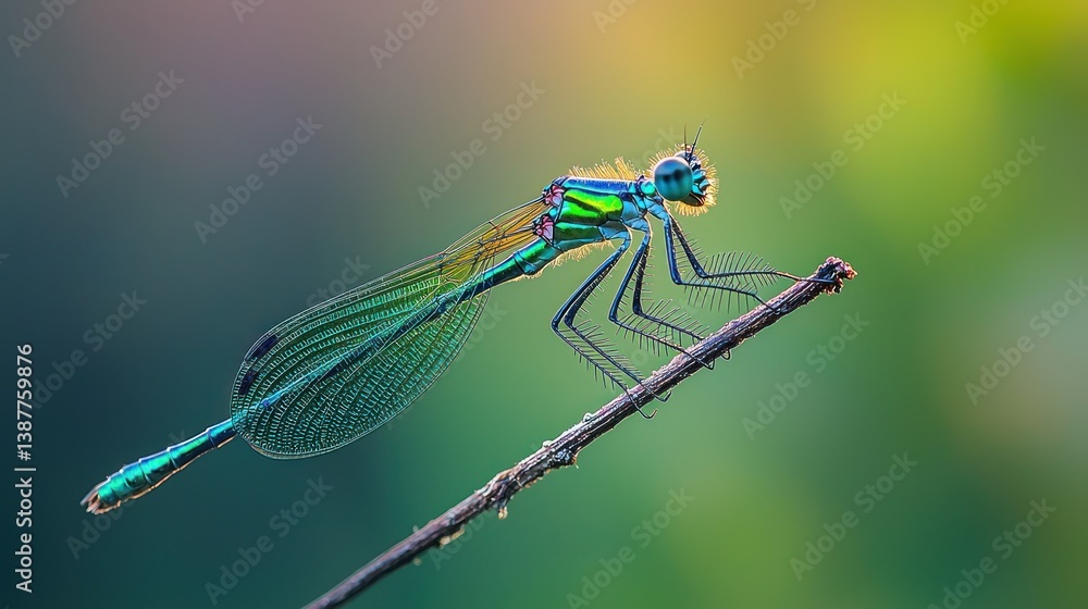 Poster vibrant dragonfly perched on a twig. a close-up, detailed image showcasing the iridescent colors and