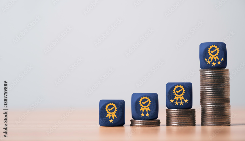 Poster The best quality with five stars on the top of highest coins stacking among the worst quality with one star for high quality can get high business benefit and profit concept.