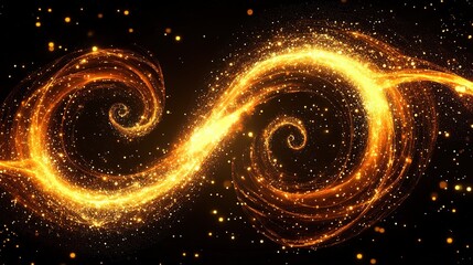 Golden light energy swirls forming infinity symbols with glowing particles on dark cosmic background. Abstract dynamic motion concept for spiritual symbolism, technology branding, sci-fi book covers, 