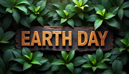 Earth Day carved into dark wood amidst lush green rainforest canopy, celebrating environmental awareness and nature conservation.
