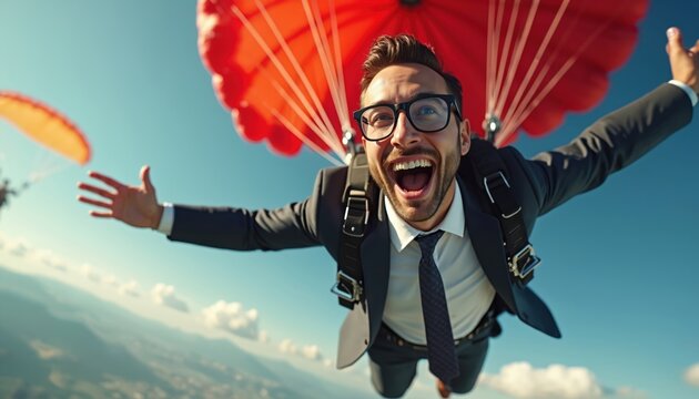 Businessman skydive, enjoying flight with parachute. Happy guy wears suit, glasses. Skydiving adventure, freedom concept, success, career goal. Skydiving over mountains, blue sky. Parachuting,