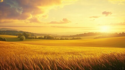 Fototapeta premium Serene agricultural landscape with sun setting over ripe wheat. Great for farming, harvest, and countryside visuals.