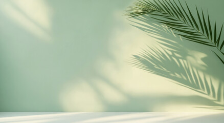 minimalistic background with blurred foliage shadow on green wall. palm leaves