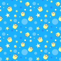 Yellow cake on blue background seamless pattern.