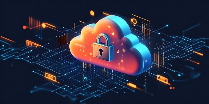 Abstract illustration of cloud security services, stylized cloud icon integrated with a secure padlock symbol, representing data protection and cybersecurity in cloud computing environments.