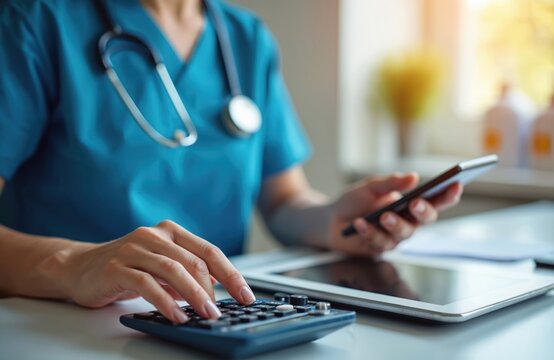 Doctor uses calculator smartphone tablet to calculate medical costs fees at hospital. Healthcare expenses billing concept. Finance, medicine, technology, health, business. Insurance bill, pro, exam,