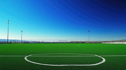 A lush green football field with freshly painted lines and goalposts standing tall under a vast, clear blue sky