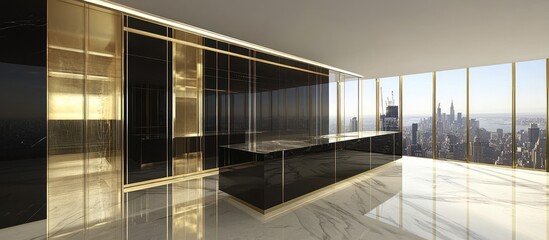 Obraz premium Sophisticated Penthouse Interior with Panoramic Cityscape and Modern Elegance