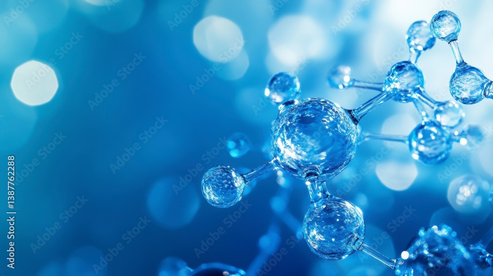 Fototapete abstract 3d rendering of a molecule, showing bonds and atoms. blue background with bokeh effect.