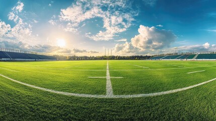 Obraz premium A panoramic view of a football field, goalposts at both ends, with neatly mowed grass and clear yard lines beneath an open sky