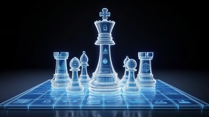 A luxury chessboard with business icons as chess pieces, symbolizing strategy in ownership
