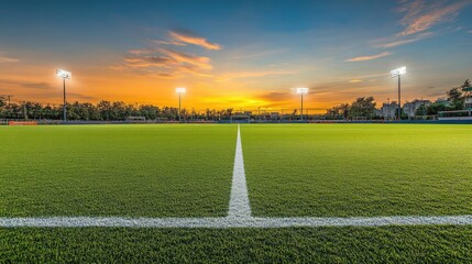 A perfectly maintained football field with green grass, crisp white lines, and bright stadium lights in the background at dusk