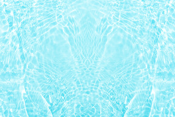 Blue water with ripples on the surface. Defocus blurred transparent blue colored clear calm water surface texture with splashes and bubbles. Water waves with shining pattern texture background.
