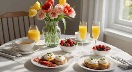 Brunch Table with Poached Eggs, Mimosas, and Berries