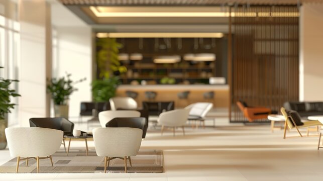 Capturing the Future of Work: Dynamic Focus in Modern Co-Working Spaces! Shot with shallow depth of field, the image highlights an open-plan layout where collaborative teams gather around a smart conf
