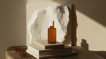 Brown glass bottle on books with textured white decor and scattered coffee beans.