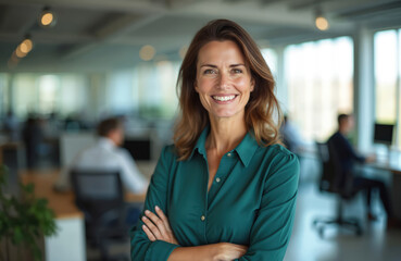 Confident business woman in office environment smiling. Happy female employee with crossed arms, friendly face. Modern workplace, business concept. Corporate attire, smart wear, successful, pro,