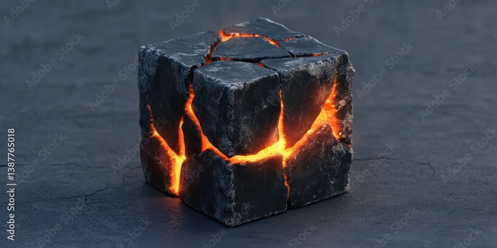 Poster burning charcoal cube with glowing cracks isolated on soft grey background