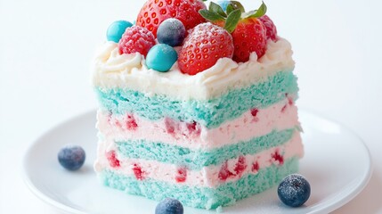Vibrant dessert with fresh berries and whipped topping. Perfect for pastry, celebration, and sweet food themes.