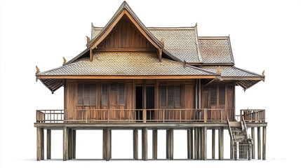 Traditional Thai house elevated on stilts with intricate wooden design