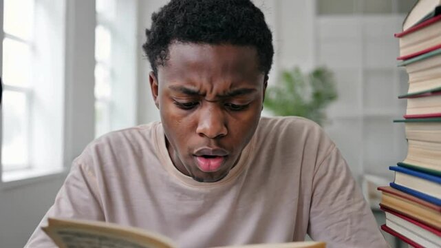 Astonished by Knowledge: A young student stares intently at an open book, his expression a captivating mix of surprise and deep focus, amidst a backdrop of a stack of books.