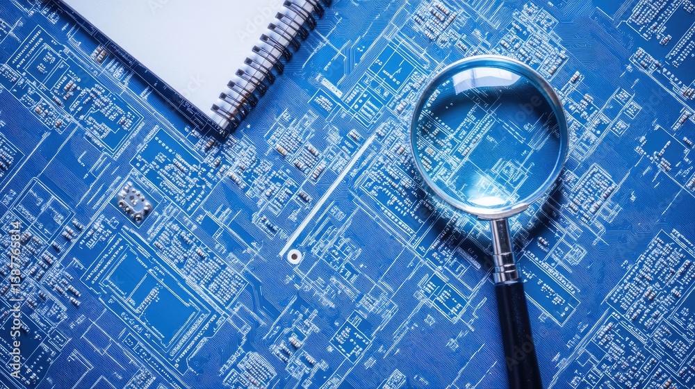 Poster close-up of circuit board design next to engineering notebook and magnifying glass