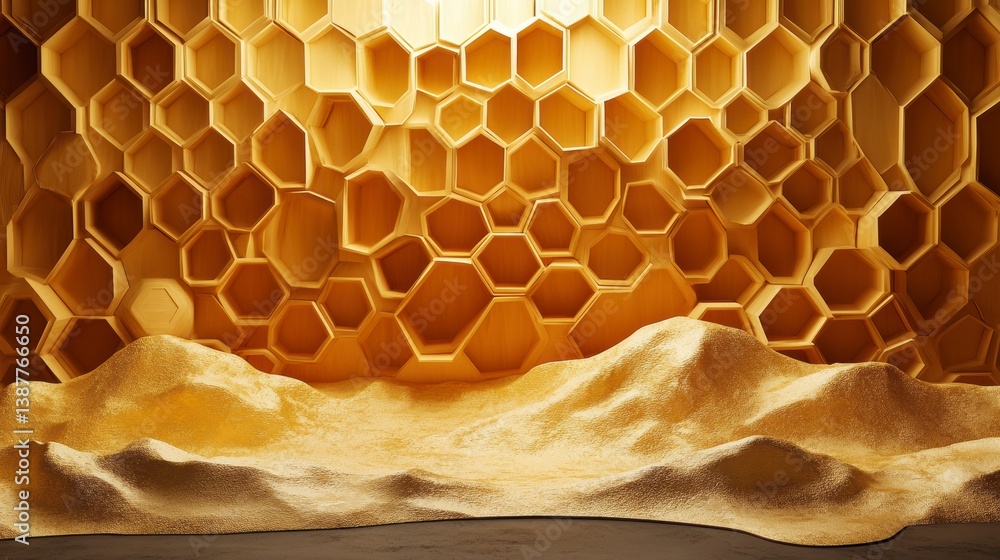 Poster Abstract 3D render of golden honeycomb structure with textured base.