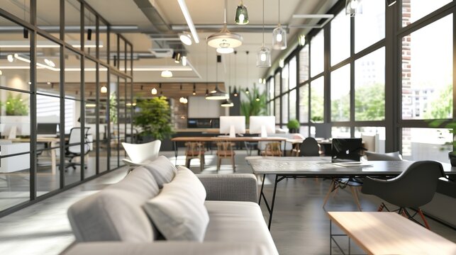 Capturing the Future of Work: Dynamic Focus in Modern Co-Working Spaces! Shot with shallow depth of field, the image highlights an open-plan layout where collaborative teams gather around a smart conf