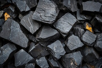 Heap of large broken dark stones with sharp edges and rough texture