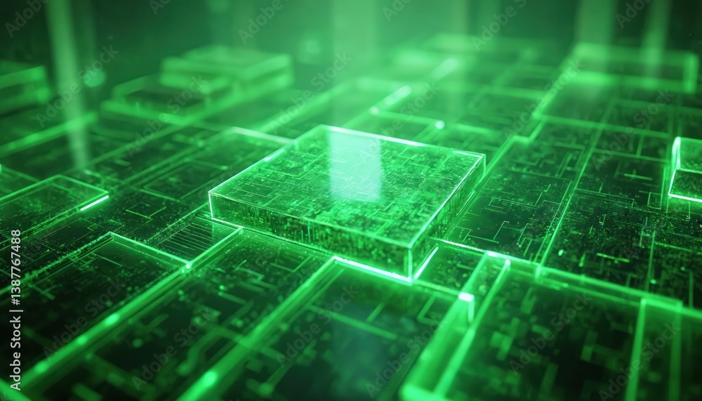 Aufkleber Abstract green tech background with 3D fractal structures, light effects. Computer generated image represents futuristic city network for data, information communication. Ideal for tech industry
