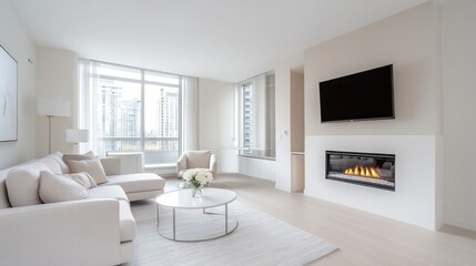 Fototapeta premium Modern open-concept living room with city view