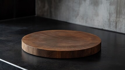 Elegant round wooden cutting board on a modern black countertop texture