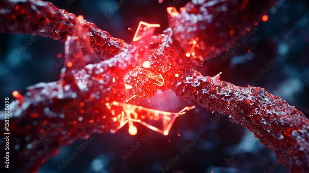 Poster glowing red crystalline structure with dynamic energy particles generative ai