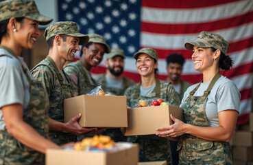 Volunteers provide food essentials to veterans. Patriotic setting with American flag. Support military community, showing gratitude, teamwork. People smiling, cooperating. Concept of charity,