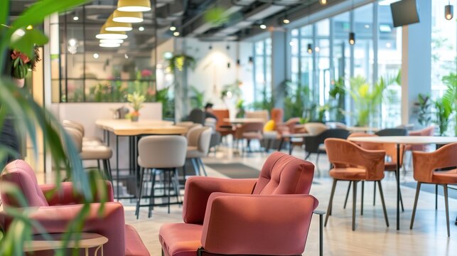 Capturing the Future of Work: Dynamic Focus in Modern Co-Working Spaces! Shot with shallow depth of field, the image highlights an open-plan layout where collaborative teams gather around a smart conf