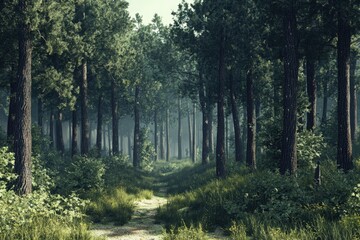 Fototapeta premium Lush forest pathway inviting exploration beneath a calm morning light