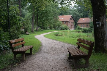 Peaceful park pathway with benches and trees on a sunny morning