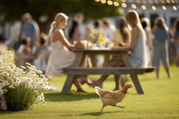 Chicken running at a garden party