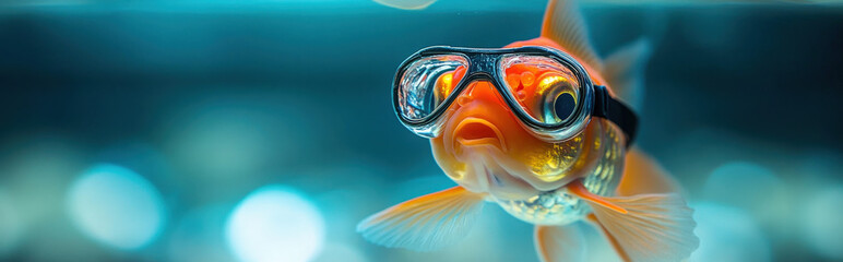 A goldfish with a snorkel and tiny goggles swimming in a glass of water