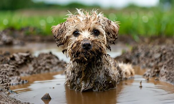 Cute small dog covered in mud and water, standing in a puddle in an outdoor setting, looking directly at the camera with a messy appearance.
