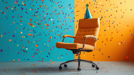 A serious office chair wearing a tiny party hat, confetti falling around it 
