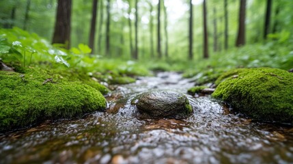 A clear stream flows through a lush forest. Moss covers rocks flanking the water. The background is a softly blurred forest of tall trees. The image is high-quality, with natural lighting. Its style