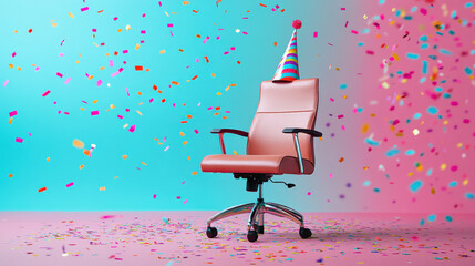 A serious office chair wearing a tiny party hat, confetti falling around it 