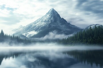 Naklejka premium Snow-capped mountain reflects in calm lake surrounded by lush green trees in misty atmosphere