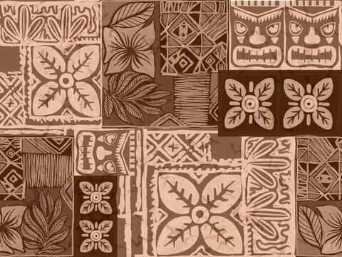 Fototapeta Aloha hawaii rainforest beach   tropical Polynesian digital clipart  pattern, tiki, aztec textile print, geometric background