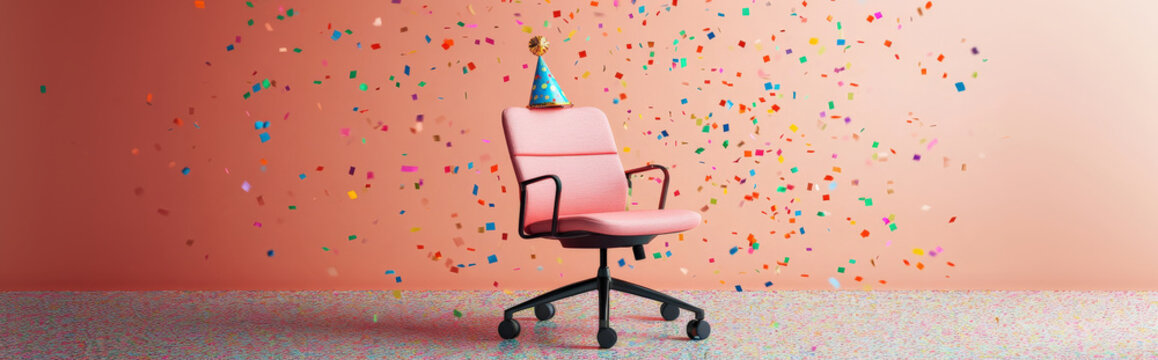 A serious office chair wearing a tiny party hat, confetti falling around it