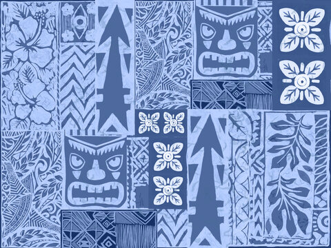 Fototapeta Aloha hawaii rainforest beach   tropical Polynesian digital clipart  pattern, tiki, aztec textile print, geometric background